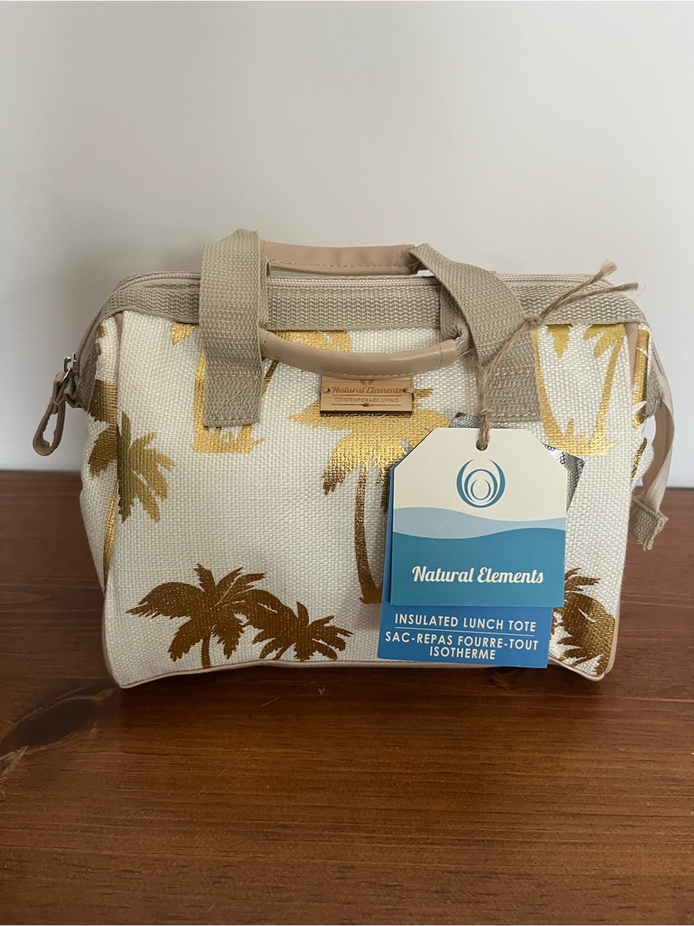 Natural Elements Cream & Gold Palm-Print Insulated Lunch Tote